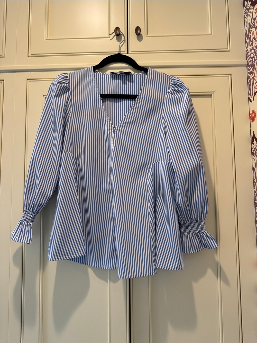 Tuckernuck Blue and White Striped V-Neck Peplum Blouse